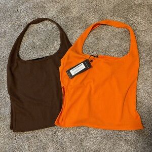 PRETTY LITTLE THING, Brown and orange halter tops, sold together. US size 10